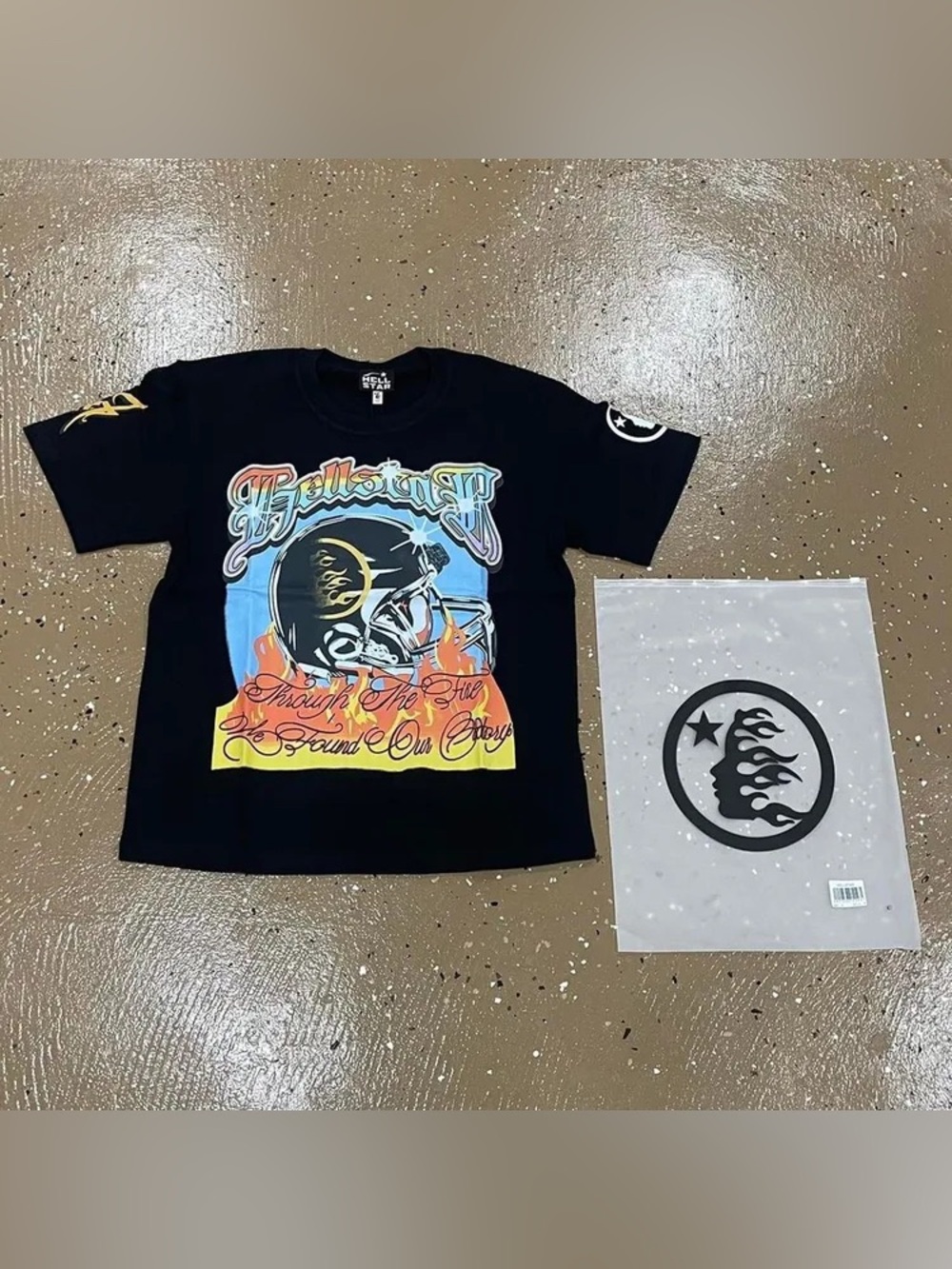 Men's Black Graphic Short Sleeve Tee with Helmet Flame Design
